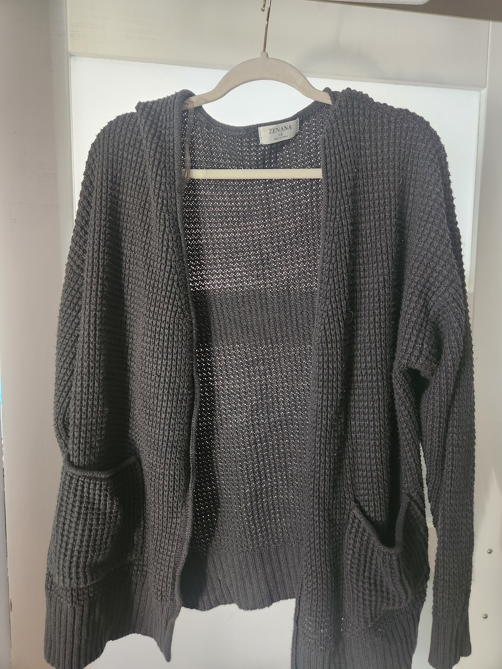 Zenana Outfitters Gray Open-Front Hooded Knit Cardigan with Pockets